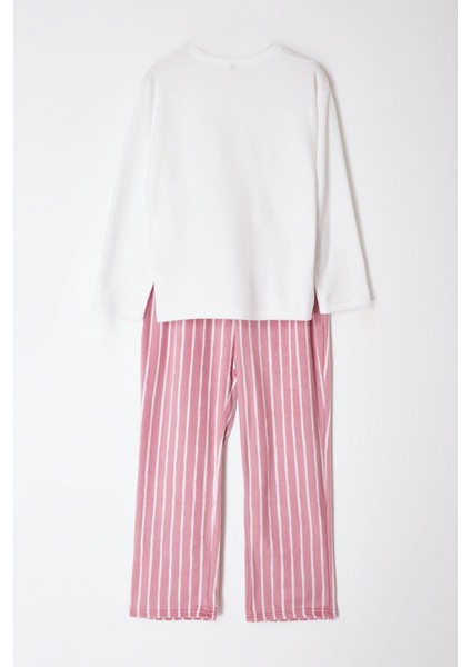 Kadın Moda Şık Büyük Beden Bisiklet Yaka Boru Paça Uzun Kol Çizgili Polar Örme Pijama Takımı