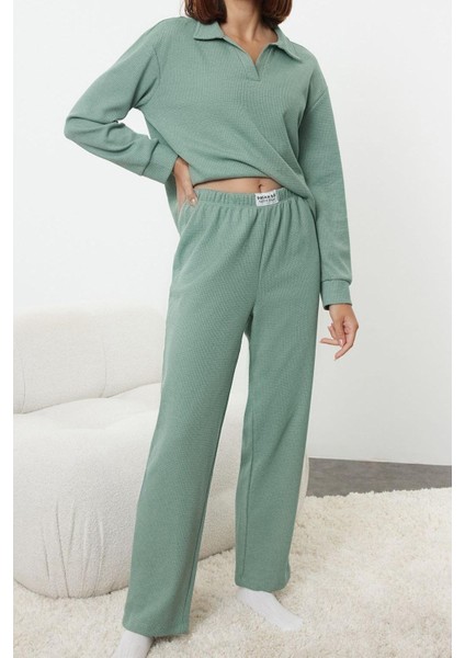 Kadın Moda Şık V Yaka Boru Paça Uzun Kol Etiket Detaylı Waffle Kumaş Örme Pijama Takımı