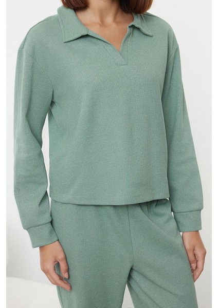 Kadın Moda Şık V Yaka Boru Paça Uzun Kol Etiket Detaylı Waffle Kumaş Örme Pijama Takımı
