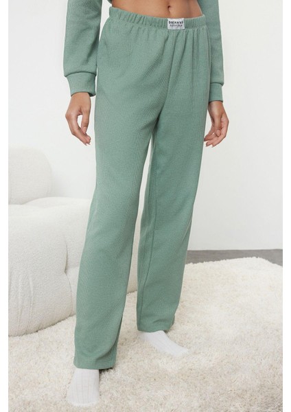 Kadın Moda Şık V Yaka Boru Paça Uzun Kol Etiket Detaylı Waffle Kumaş Örme Pijama Takımı