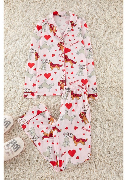 Kadın Moda Şık Gömlek Yaka Geniş Paça Uzun Kol %100 Pamuklu Köpek Desenli Biyeli Örme Pijama Takımı