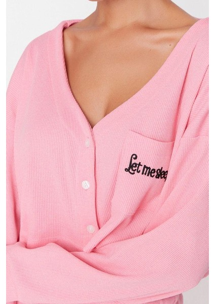Kadın Moda Şık V Yaka Boru Paça Uzun Kol Fitilli Pamuklu Nakışlı Örme Pijama Takımı