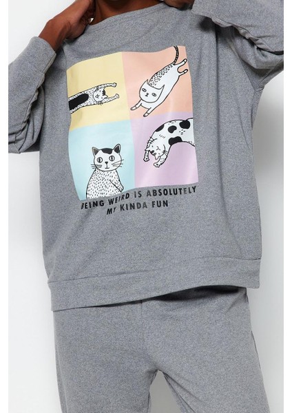 Kadın Moda Şık Bisiklet Yaka Boru Paça Uzun Kol Pamuklu Baskılı Örme Pijama Takımı