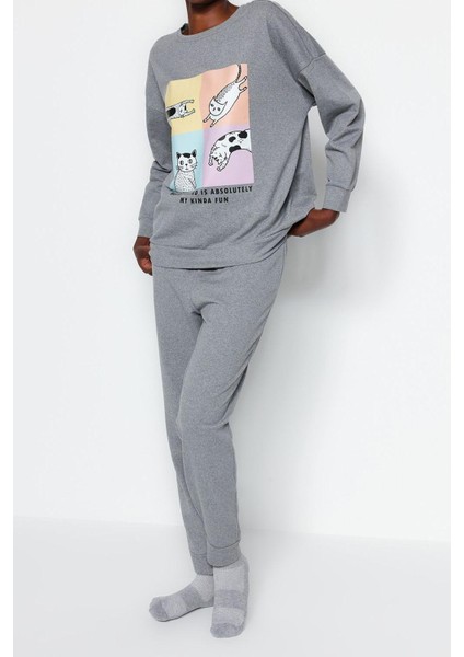 Kadın Moda Şık Bisiklet Yaka Boru Paça Uzun Kol Pamuklu Baskılı Örme Pijama Takımı