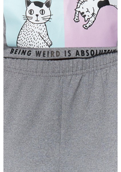 Kadın Moda Şık Bisiklet Yaka Boru Paça Uzun Kol Pamuklu Baskılı Örme Pijama Takımı