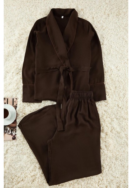 Kadın Moda Şık Kruvaze Boru Paça Uzun Kol Kuşaklı Biyeli Viskon Dokuma Pijama Takımı