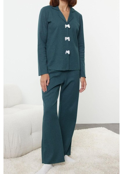 Kadın Moda Şık Gömlek Yaka Boru Paça Uzun Kol Kurdele Fiyonklu Waffle Kumaş Örme Pijama Takımı