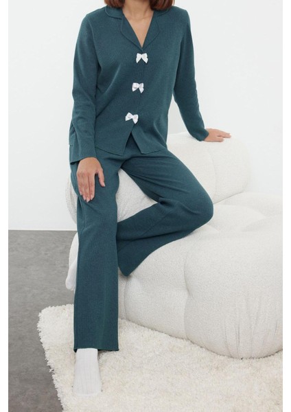 Kadın Moda Şık Gömlek Yaka Boru Paça Uzun Kol Kurdele Fiyonklu Waffle Kumaş Örme Pijama Takımı fiyatları