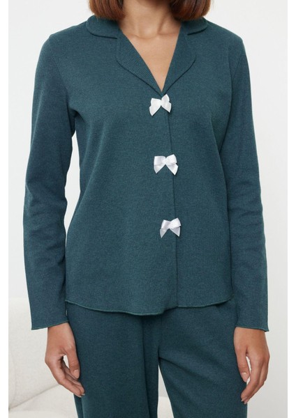Kadın Moda Şık Gömlek Yaka Boru Paça Uzun Kol Kurdele Fiyonklu Waffle Kumaş Örme Pijama Takımı modelleri