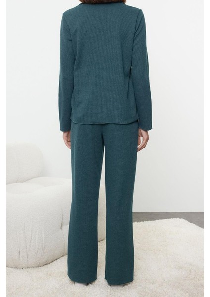 Kadın Moda Şık Gömlek Yaka Boru Paça Uzun Kol Kurdele Fiyonklu Waffle Kumaş Örme Pijama Takımı indirimleri