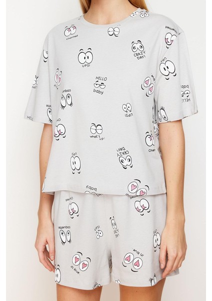 Kadın Moda Şık Bisiklet Yaka Boru Paça Kısa Kol Pamuklu Eğlence Desenli Örme Pijama Takımı