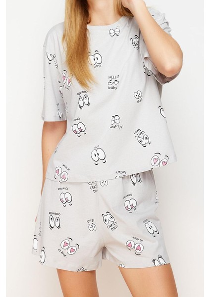 Kadın Moda Şık Bisiklet Yaka Boru Paça Kısa Kol Pamuklu Eğlence Desenli Örme Pijama Takımı