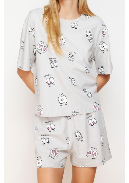 Kadın Moda Şık Bisiklet Yaka Boru Paça Kısa Kol Pamuklu Eğlence Desenli Örme Pijama Takımı