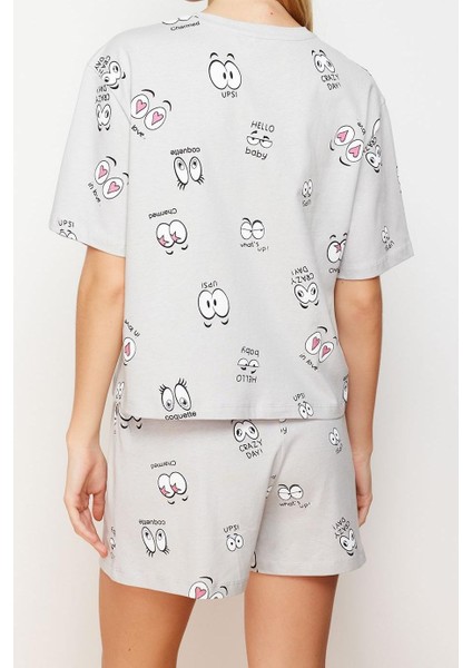 Kadın Moda Şık Bisiklet Yaka Boru Paça Kısa Kol Pamuklu Eğlence Desenli Örme Pijama Takımı