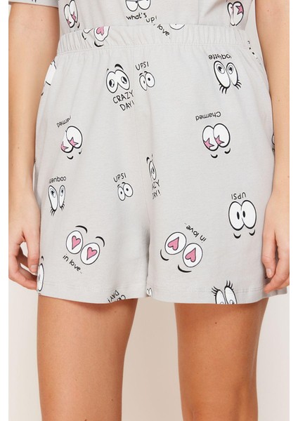 Kadın Moda Şık Bisiklet Yaka Boru Paça Kısa Kol Pamuklu Eğlence Desenli Örme Pijama Takımı