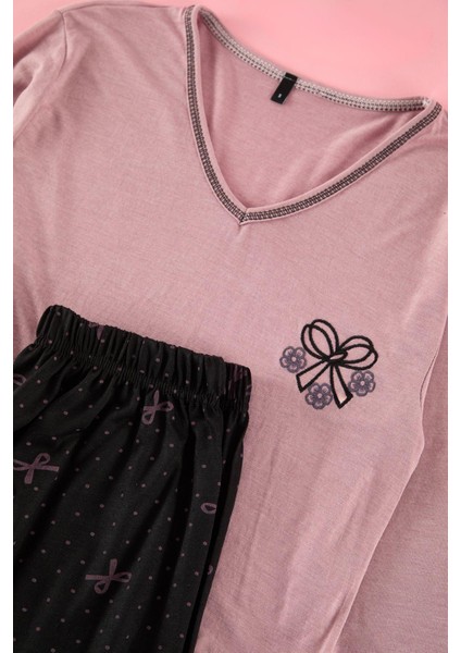 Kadın Moda Şık V Yaka Boru Paça Uzun Kol Pijama Takımı