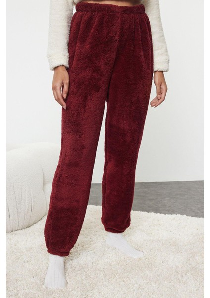 Kadın Moda Şık Bisiklet Yaka Lastikli Paça Uzun Kol Kalpli Wellsoft Kışlık Örme Pijama Takımı