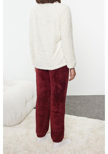 Kadın Moda Şık Bisiklet Yaka Lastikli Paça Uzun Kol Kalpli Wellsoft Kışlık Örme Pijama Takımı
