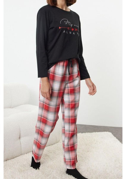 Kadın Moda Bisiklet Yaka Geniş Paça Uzun Kol Kadın Pamuklu Kalpli Ekoseli Örme Pijama Takımı