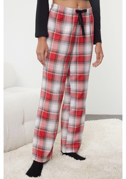 Kadın Moda Bisiklet Yaka Geniş Paça Uzun Kol Kadın Pamuklu Kalpli Ekoseli Örme Pijama Takımı