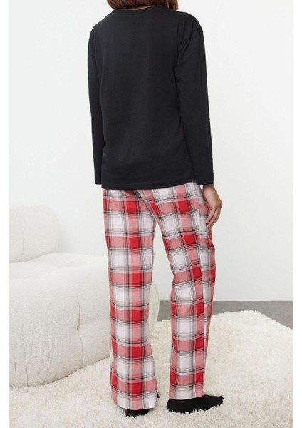 Kadın Moda Bisiklet Yaka Geniş Paça Uzun Kol Kadın Pamuklu Kalpli Ekoseli Örme Pijama Takımı