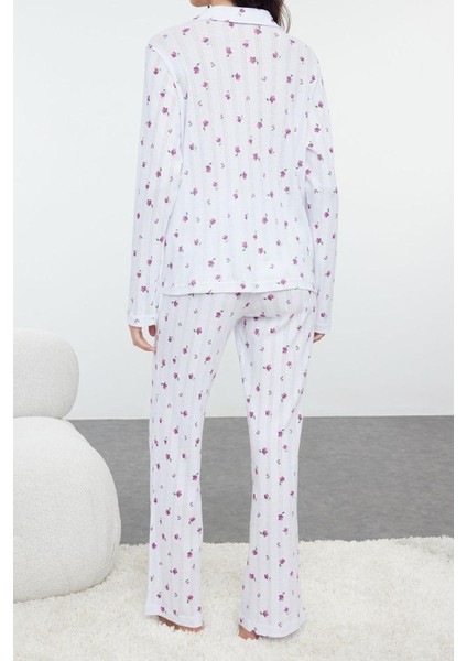Kadın Gömlek Yaka Boru Paça Uzun Kol Pamuklu Çiçekli Ajurlu Delikli Fitilli Örme Pijama Takımı fırsatları