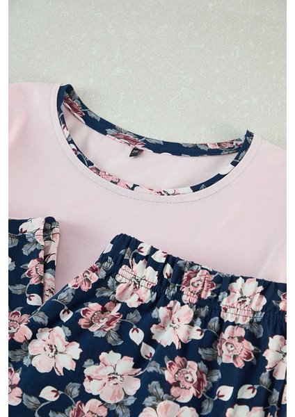 Kadın Moda Şık Büyük Beden Bisiklet Yaka Dar Paça Uzun Kol Çiçek Desenli Desenli Örme Pijama Takımı