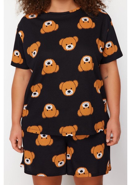 Kadın Moda Büyük Beden Bisiklet Yaka Geniş Paça Kısa Kol Ayıcık Baskılı Pamuklu Örme Pijama Takımı