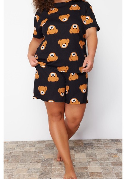Kadın Moda Büyük Beden Bisiklet Yaka Geniş Paça Kısa Kol Ayıcık Baskılı Pamuklu Örme Pijama Takımı