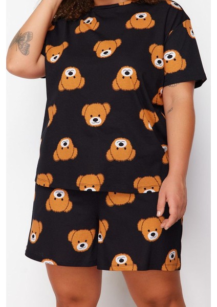 Kadın Moda Büyük Beden Bisiklet Yaka Geniş Paça Kısa Kol Ayıcık Baskılı Pamuklu Örme Pijama Takımı