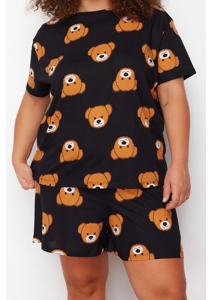 Kadın Moda Büyük Beden Bisiklet Yaka Geniş Paça Kısa Kol Ayıcık Baskılı Pamuklu Örme Pijama Takımı