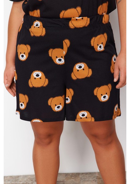 Kadın Moda Büyük Beden Bisiklet Yaka Geniş Paça Kısa Kol Ayıcık Baskılı Pamuklu Örme Pijama Takımı