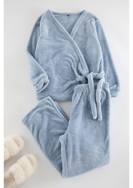 Kadın Moda Şık Büyük Beden Kruvaze Boru Paça Uzun Kol Yaka Wellsoft Peluş Örme Pijama Takımı