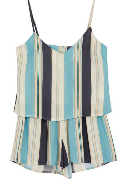 Kadın Moda Şık U Yaka Boru Paça Askılı Kol Çizgili Ip Viskon Dokuma Pijama Takımı