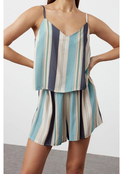 Kadın Moda Şık U Yaka Boru Paça Askılı Kol Çizgili Ip Viskon Dokuma Pijama Takımı fiyatları