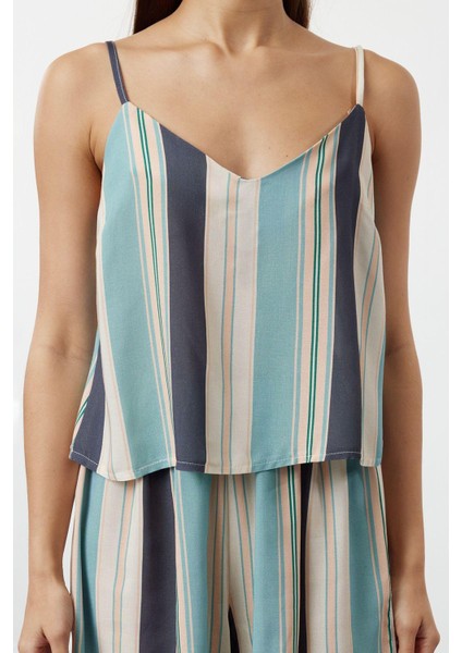 Kadın Moda Şık U Yaka Boru Paça Askılı Kol Çizgili Ip Viskon Dokuma Pijama Takımı modelleri