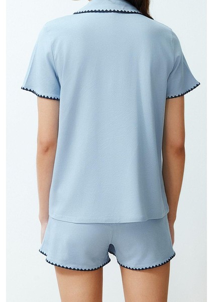 Kadın Moda Şık Gömlek Yaka Boru Paça Kısa Kol Premium Nakış Detaylı Modal Örme Pijama Takımı indirimleri