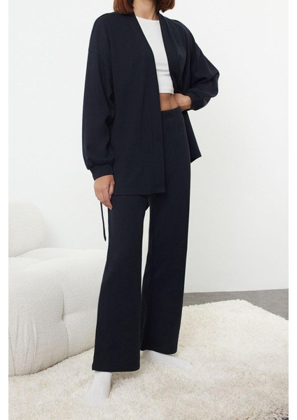Kadın Moda Şık Şal Yaka Geniş Paça Uzun Kol Kuşaklı Waffle Kumaş Hamile Örme Pijama Takımı