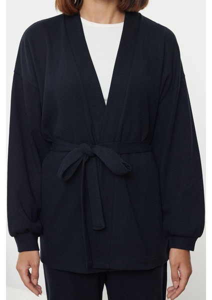 Kadın Moda Şık Şal Yaka Geniş Paça Uzun Kol Kuşaklı Waffle Kumaş Hamile Örme Pijama Takımı