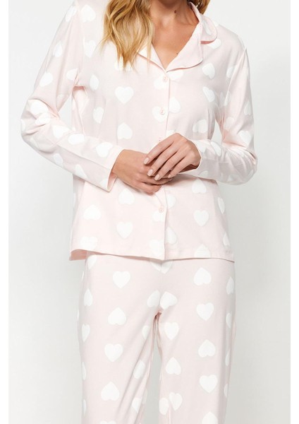 Kadın Boru Paça Uzun Kol Premium Pamuk Kalp Puf Desenli Gömlek-Pantolon Pijama Takımı