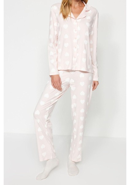 Kadın Boru Paça Uzun Kol Premium Pamuk Kalp Puf Desenli Gömlek-Pantolon Pijama Takımı