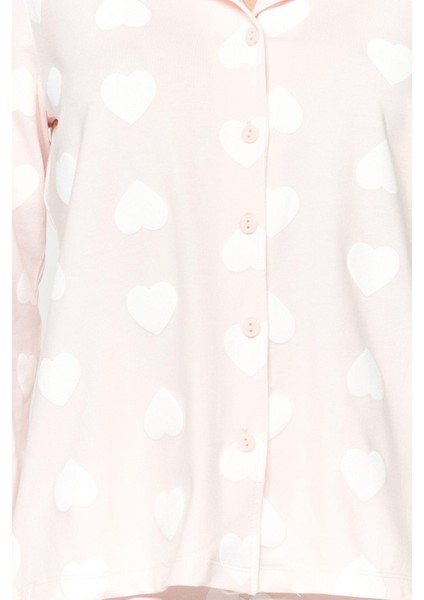 Kadın Boru Paça Uzun Kol Premium Pamuk Kalp Puf Desenli Gömlek-Pantolon Pijama Takımı