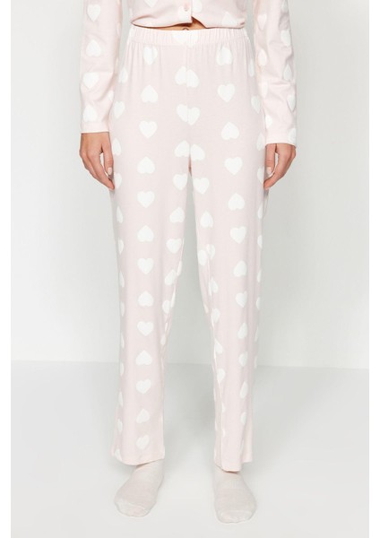 Kadın Boru Paça Uzun Kol Premium Pamuk Kalp Puf Desenli Gömlek-Pantolon Pijama Takımı
