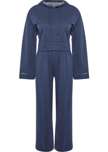 Kadın Moda Şık Kapüşonlu Geniş Paça Uzun Kol Geniş Kalıp Örme Pijama Takımı