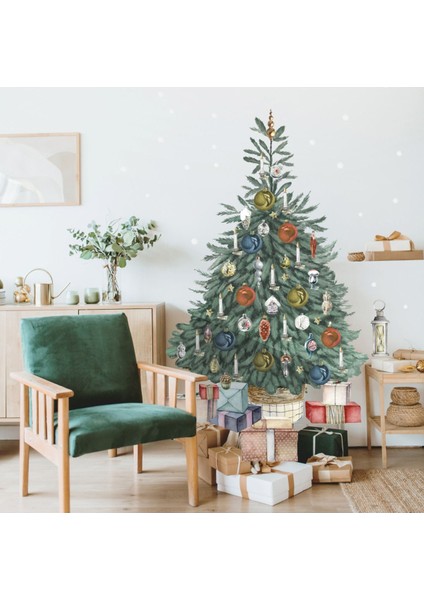 Yılbaşı-Retro Yılbaşı Ağacı Çocuk Bebek Odası Sticker Seti Yılbaşı Süsü Yeni Yıl Kış Konsepti