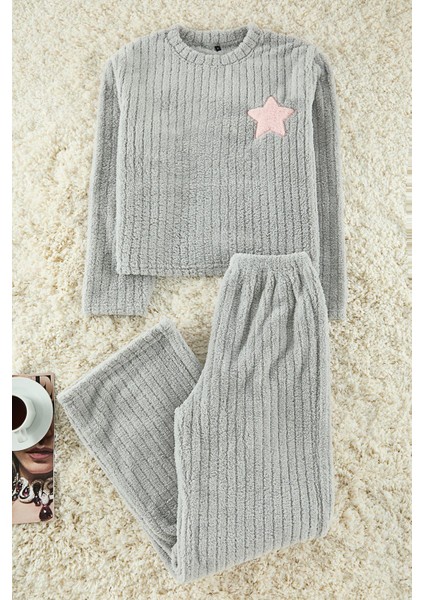 Kadın Bisiklet Yaka Boru Paça Uzun Kol Yıldız Nakışlı Çizgili Kışlık Wellsoft Örme Pijama Takımı