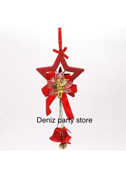 Yılbaşı Kırmızı Yıldızlı Fiyonklu Çanlı Kapı Süsü 13X33 cm