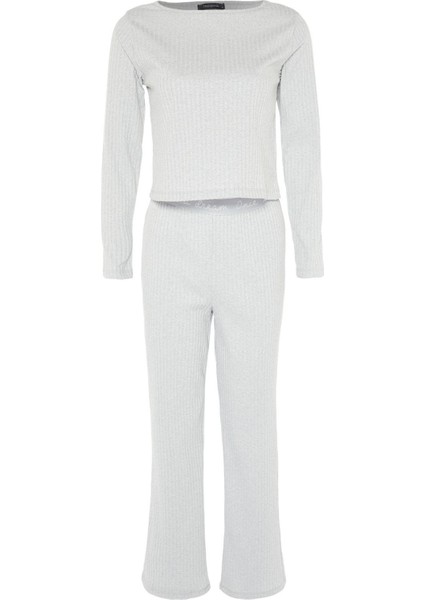 Kadın Moda Şık Bisiklet Yaka Geniş Paça Uzun Kol Lastikli Fitilli Örme Pijama Takımı