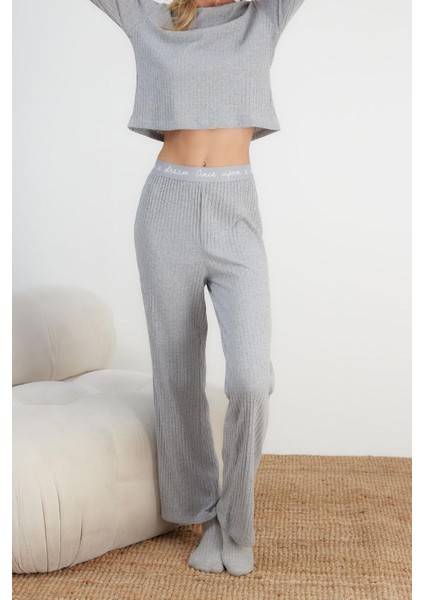 Kadın Moda Şık Bisiklet Yaka Geniş Paça Uzun Kol Lastikli Fitilli Örme Pijama Takımı