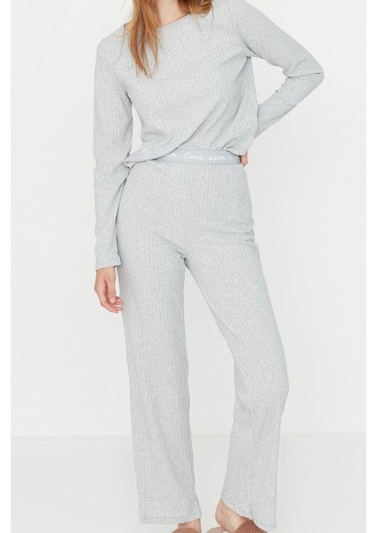 Kadın Moda Şık Bisiklet Yaka Geniş Paça Uzun Kol Lastikli Fitilli Örme Pijama Takımı
